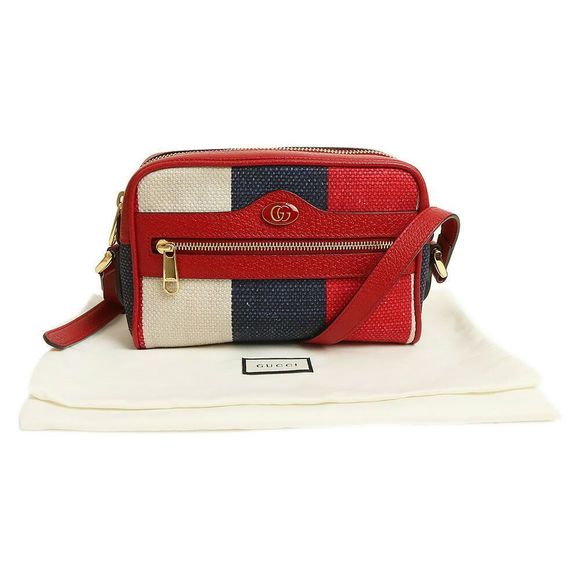Gucci Sylvie Baia Della Stripe Ophidia Canvas Calfskin Leather Tricolor Red - Picture 2 of 9